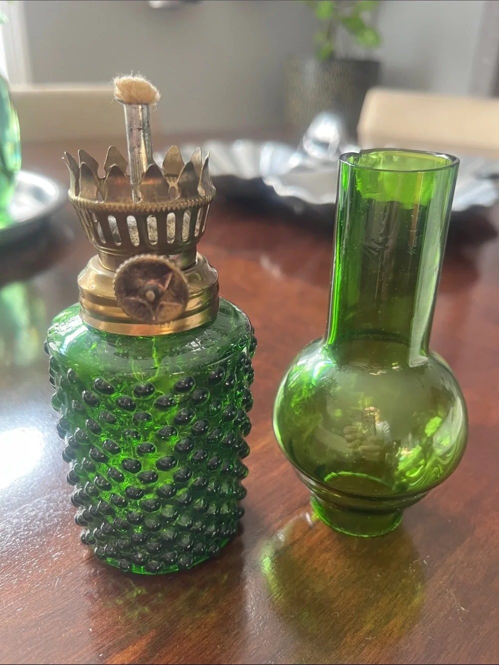 Green 1950-1960 Hobnail Glass Oil Lamp Brass Detail- Decorative Home Accent- 9”